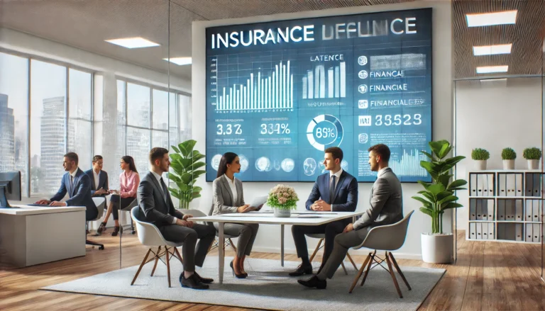 DALL·E 2025-03-18 11.11.41 - A modern insurance office environment showing a professional meeting between an insurance agent and clients